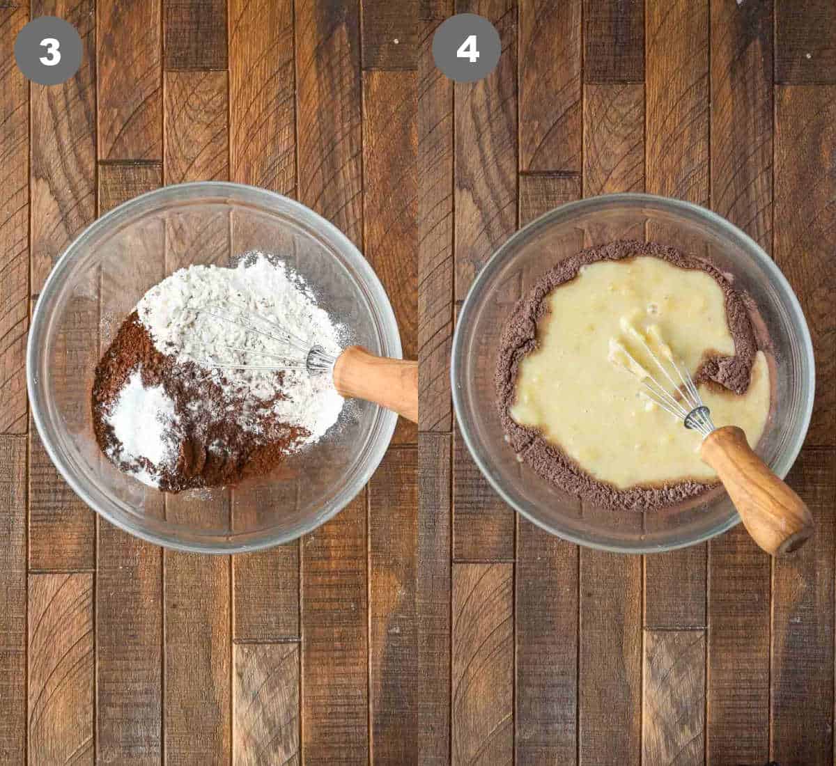 Steps 3 and 4 for making banana muffins.