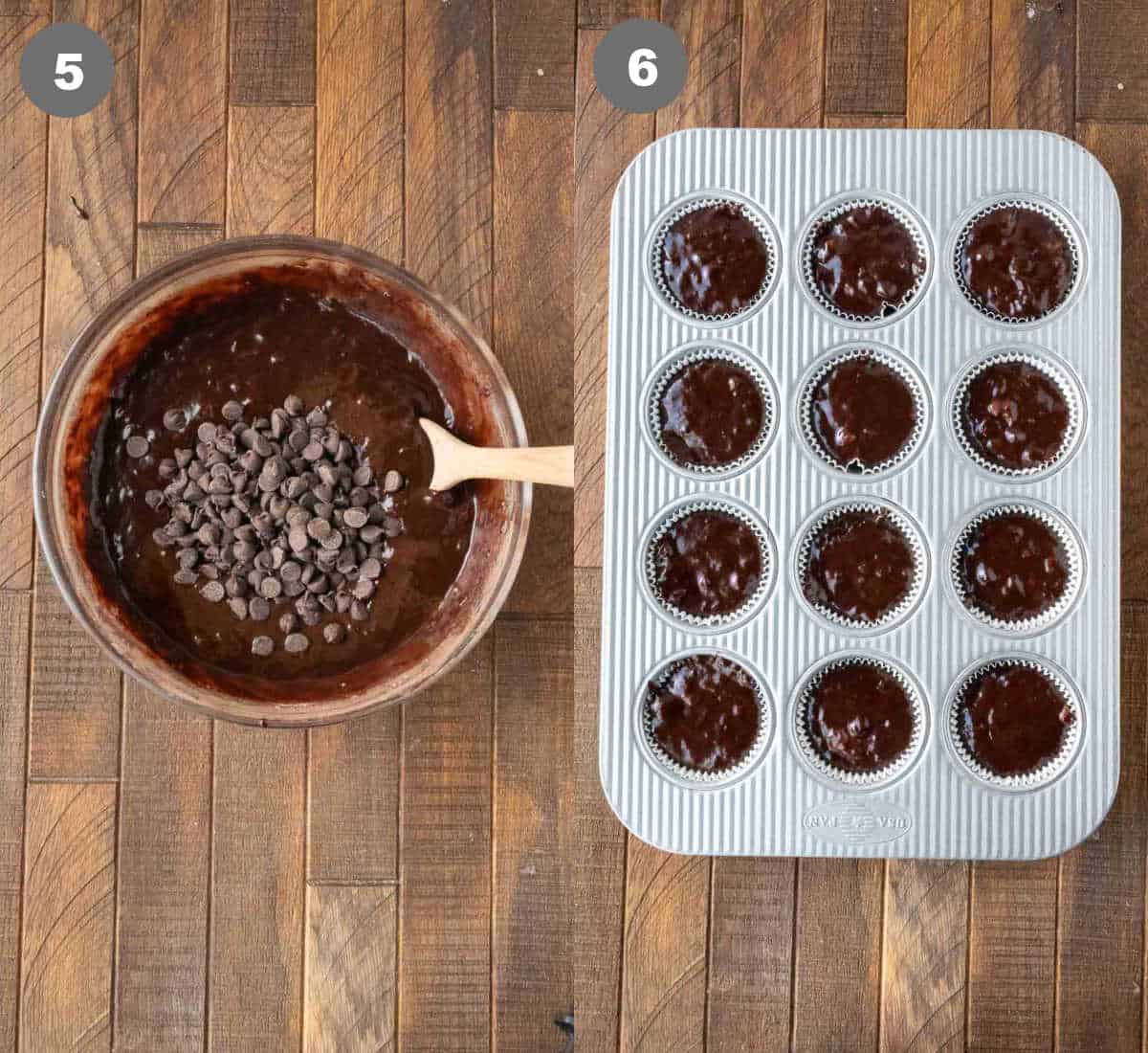 Steps 5 and 6 for chocolate banana muffins.