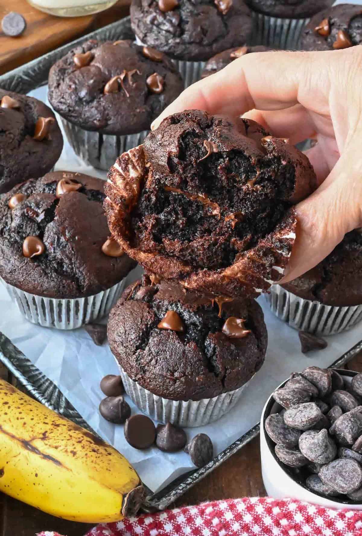 A hand lifting up a chocolate banana muffin with a bite taken out of it.