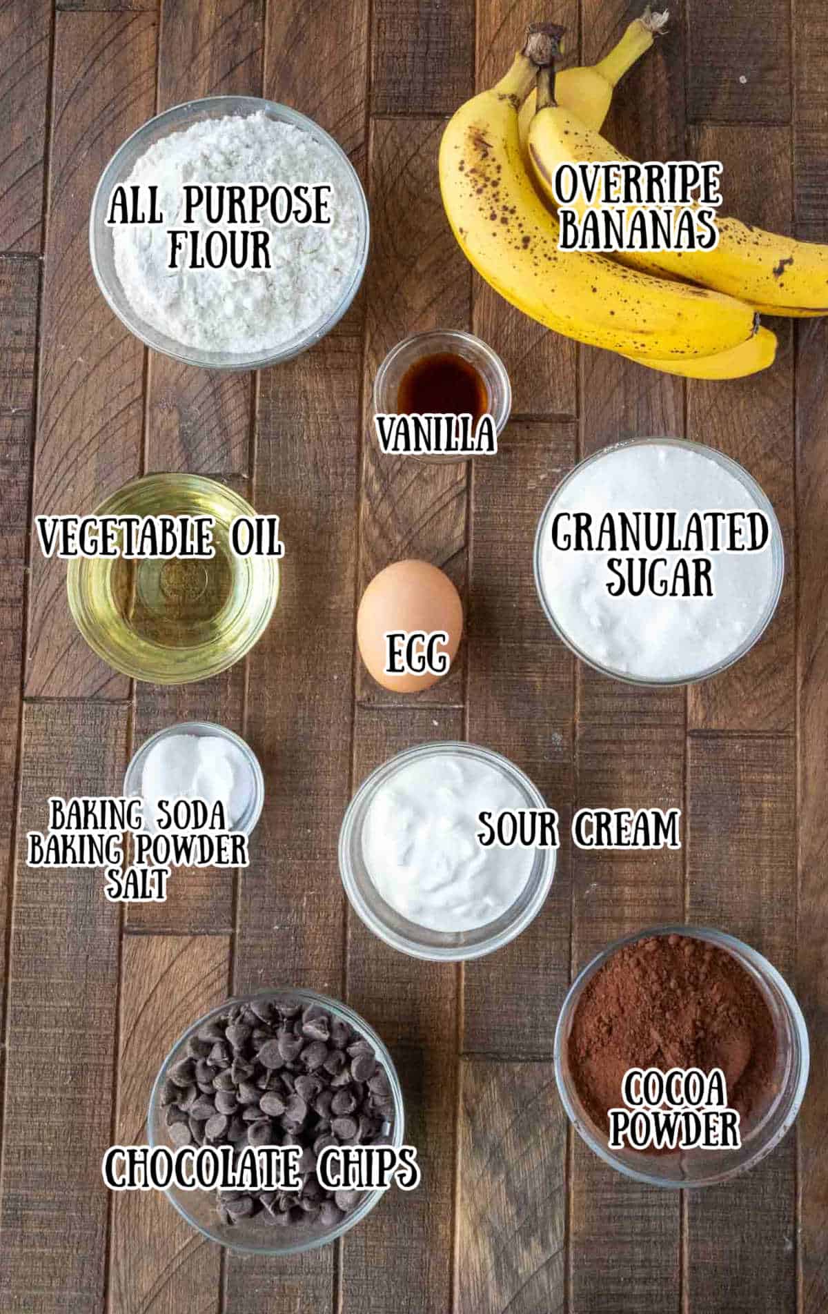 Labeled ingredients for double chocolate banana muffins.