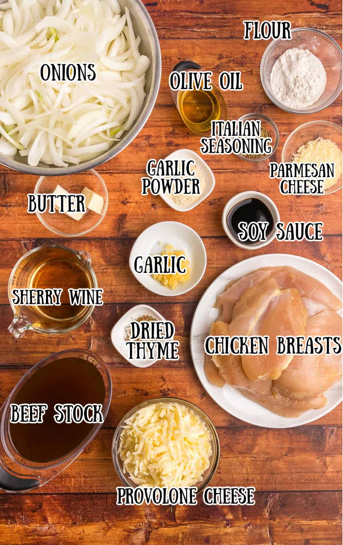 Labeled ingredients for french onion chicken bake.