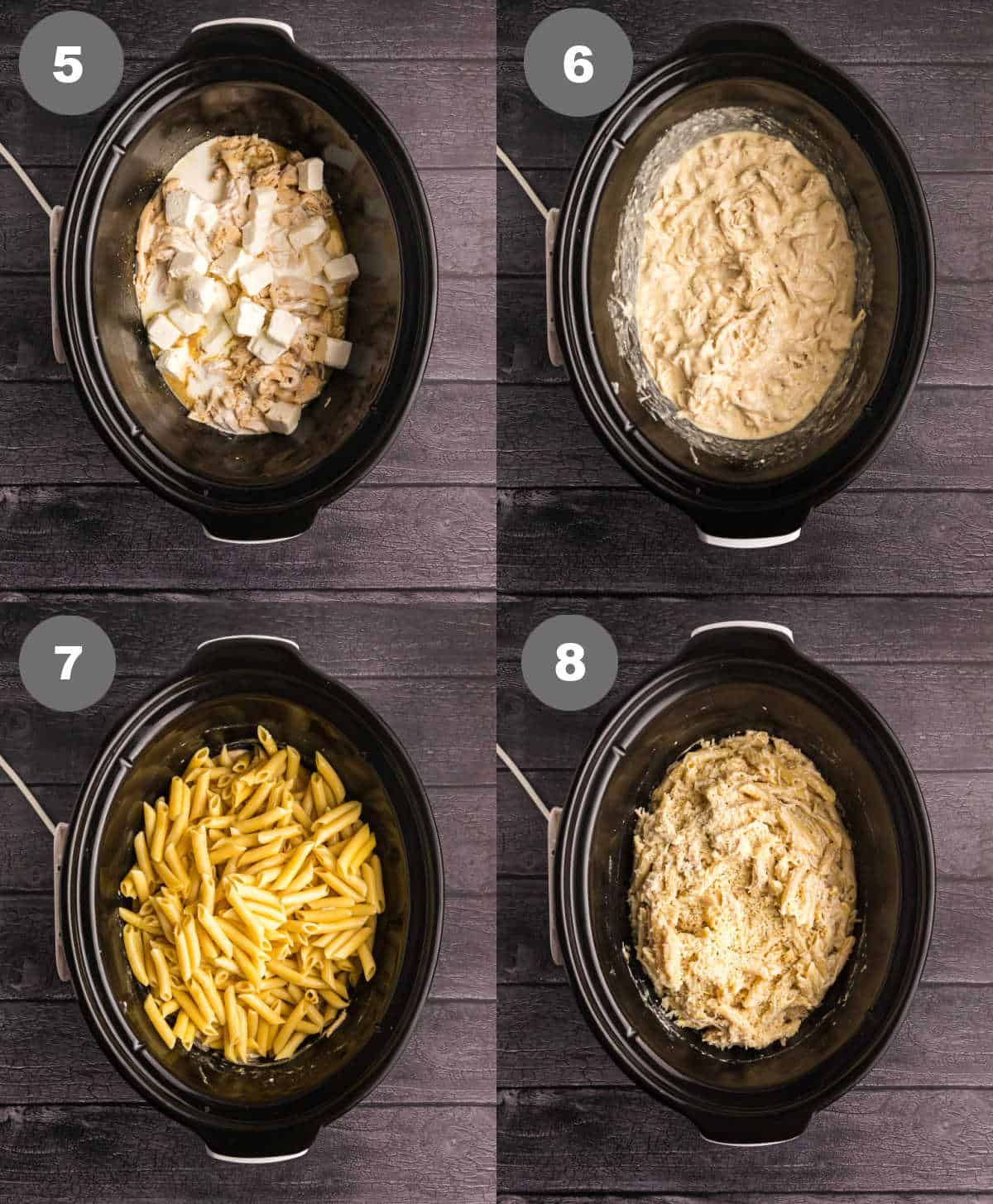 Steps 5 through 8 for making slow cooker olive garden chicken pasta.