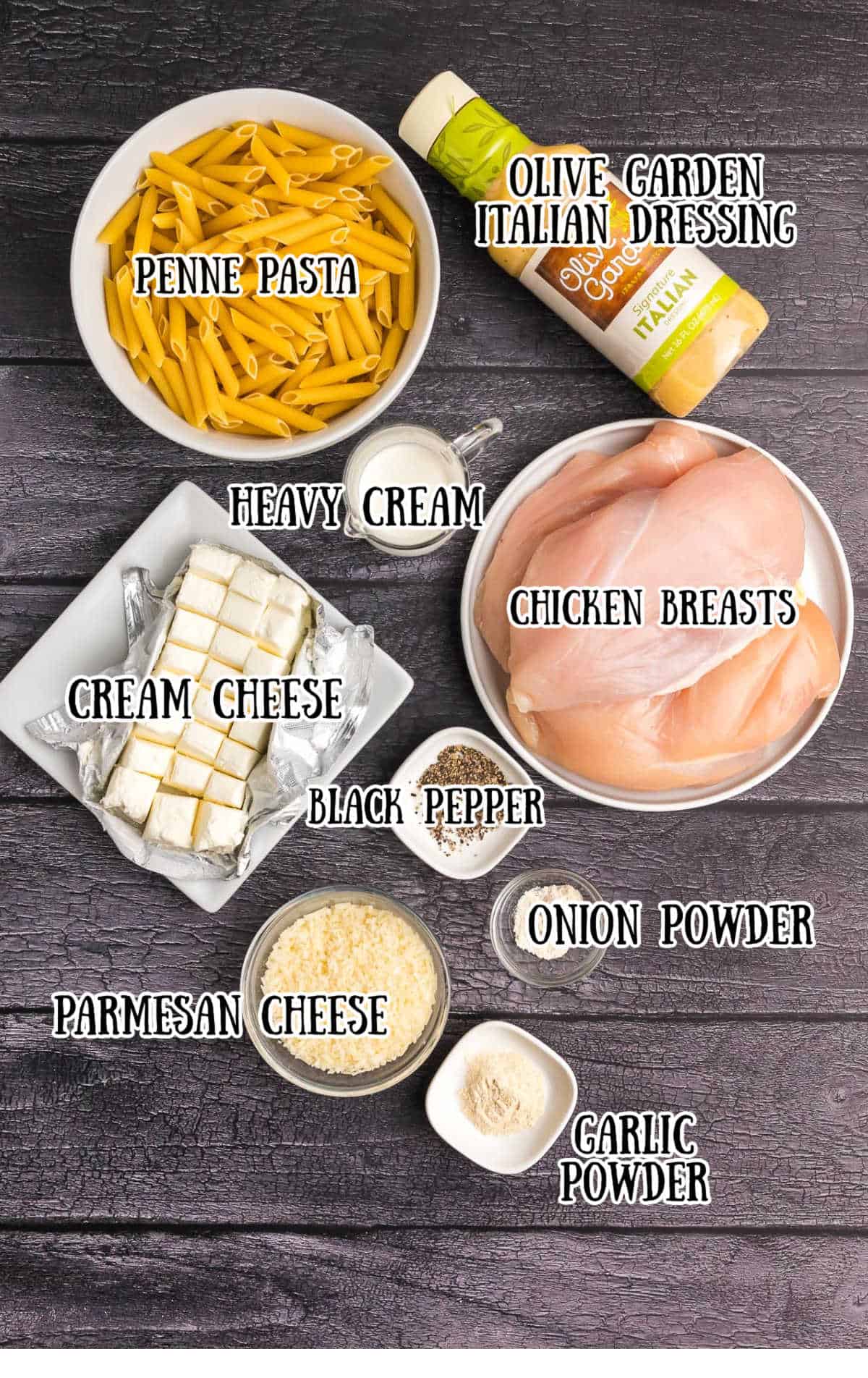 Labeled ingredients for slow cooker olive garden chicken pasta.