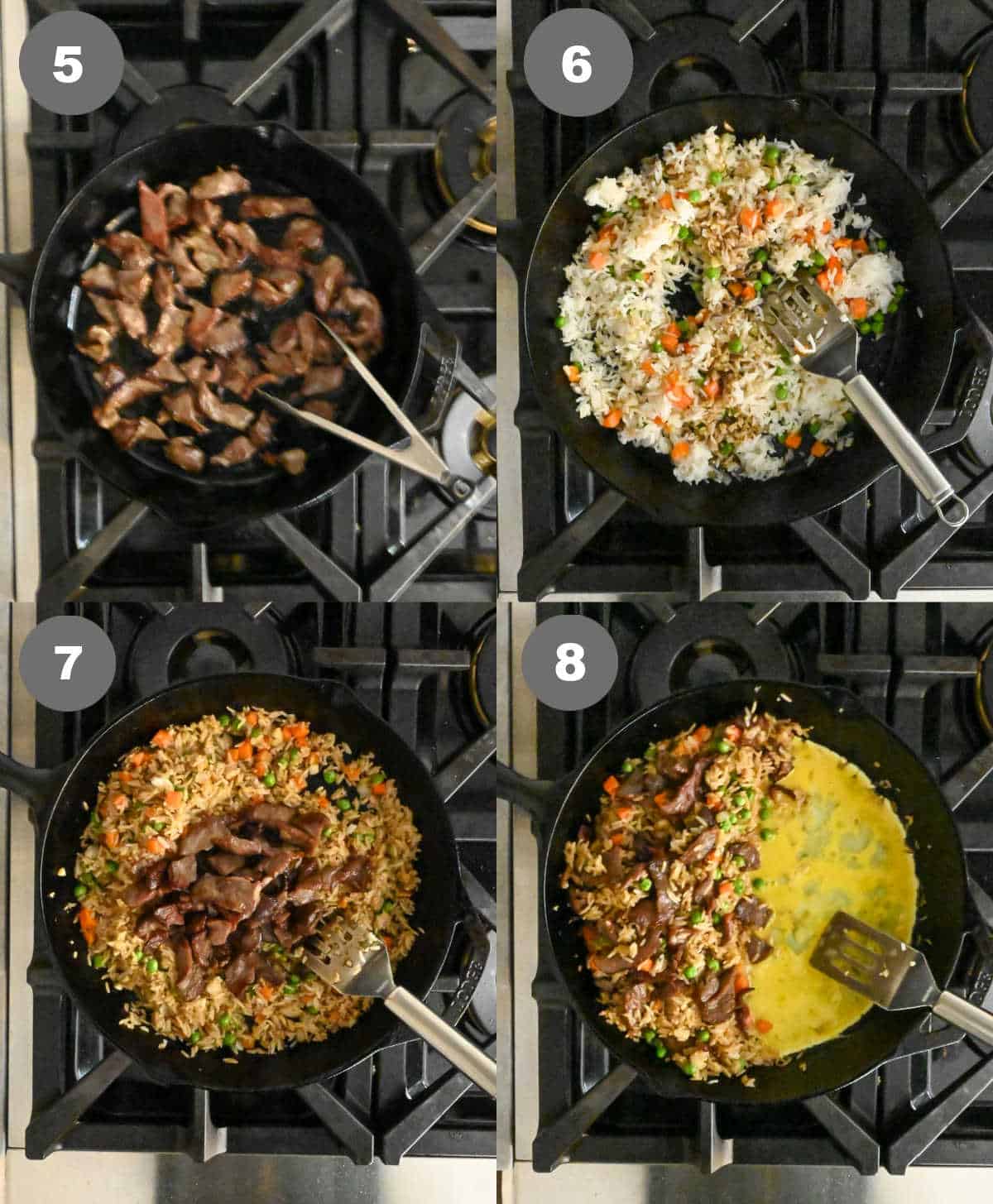 Steps 5 through 8 for making homemade steak fried rice.