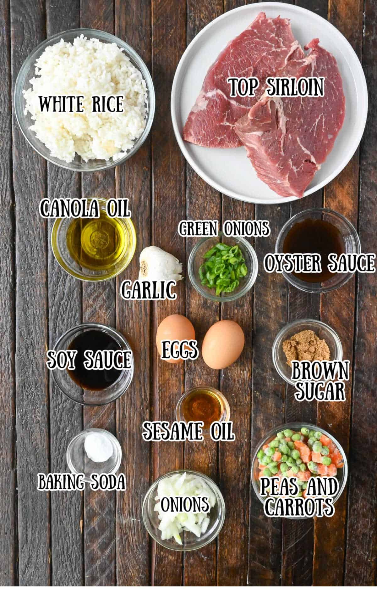 Labeled ingredients for steak fried rice.