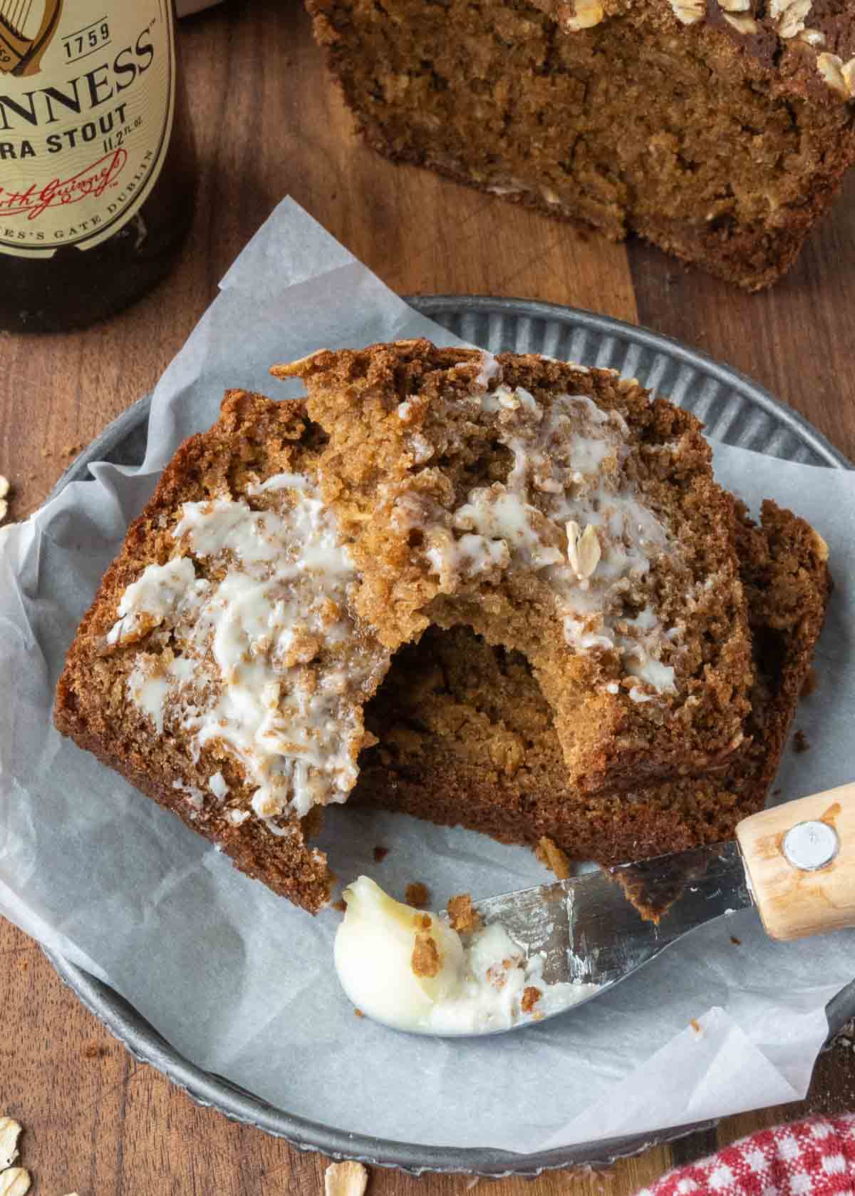 A plate of buttered Irish Guinness bread.