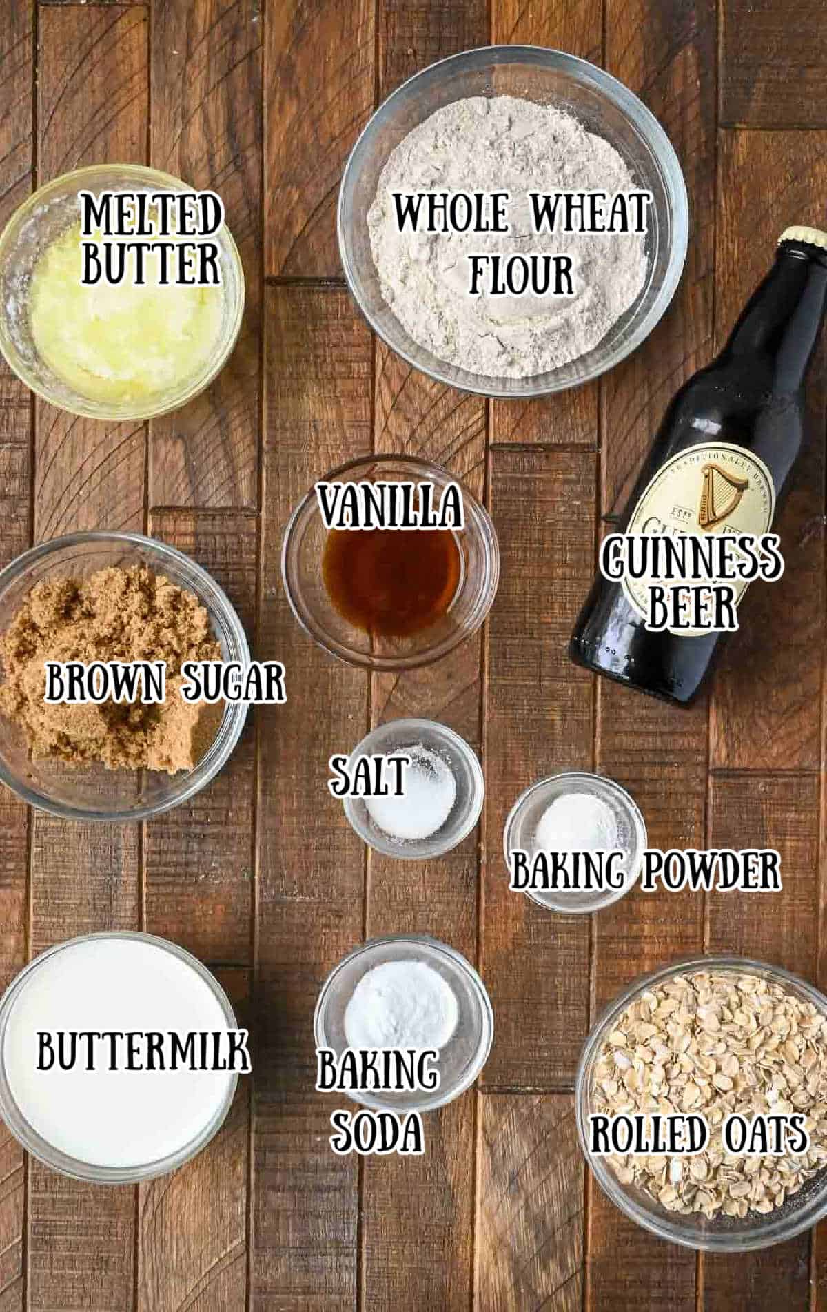 Labeled ingredients for irish guinness bread.