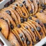 Blueberry pancake casserole in a baking dish.