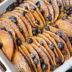 Blueberry pancake casserole in a baking dish.