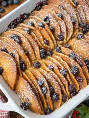 Blueberry pancake casserole in a baking dish.