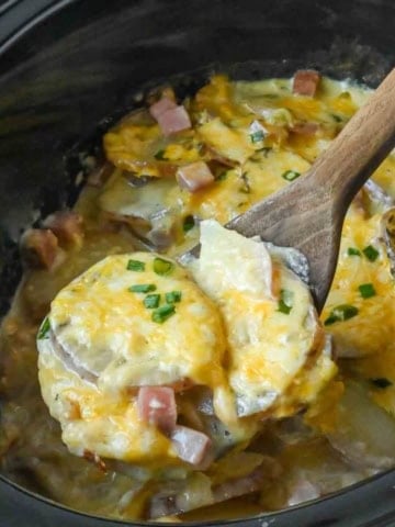 Ham and potatoes being scooped from a slow cooker.
