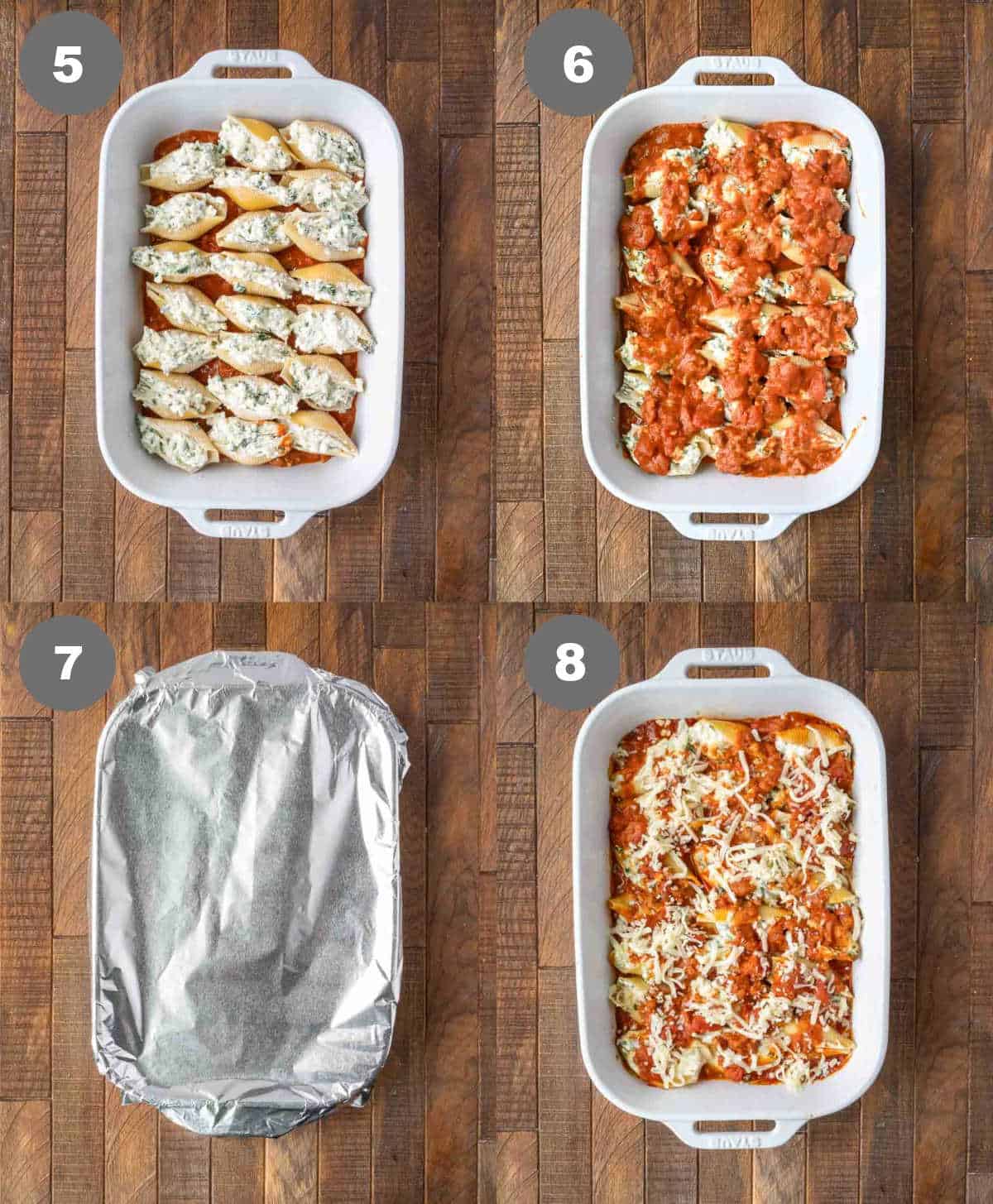 Steps 5 through 8 for making cheese stuffed shells with tomato cream sauce.