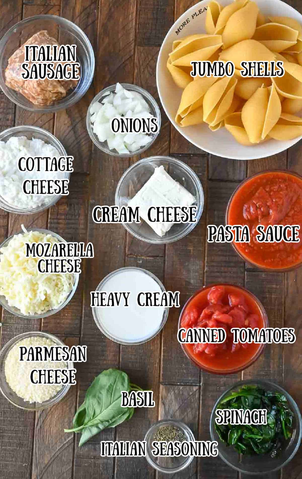 Labeled ingredients for cheese stuffed shells.