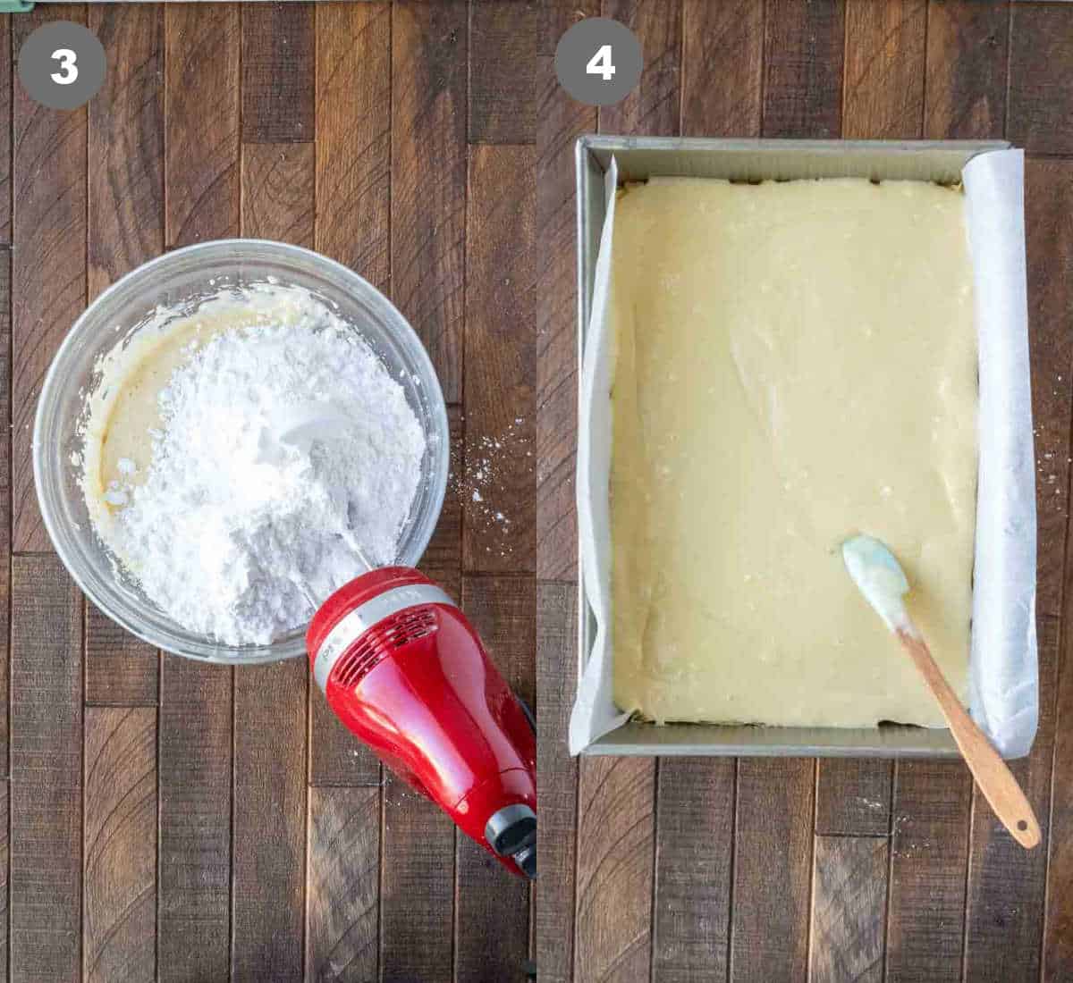 Powdered sugar with cream cheese mixed in a bowl then spread on top of the bars.