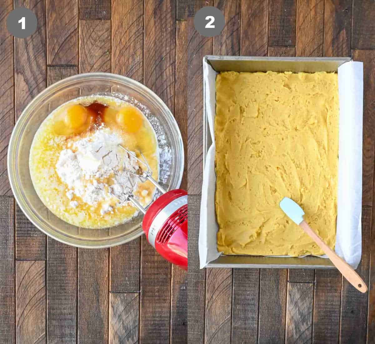 Cake batter mixed in a bowl then added to a baking pan.