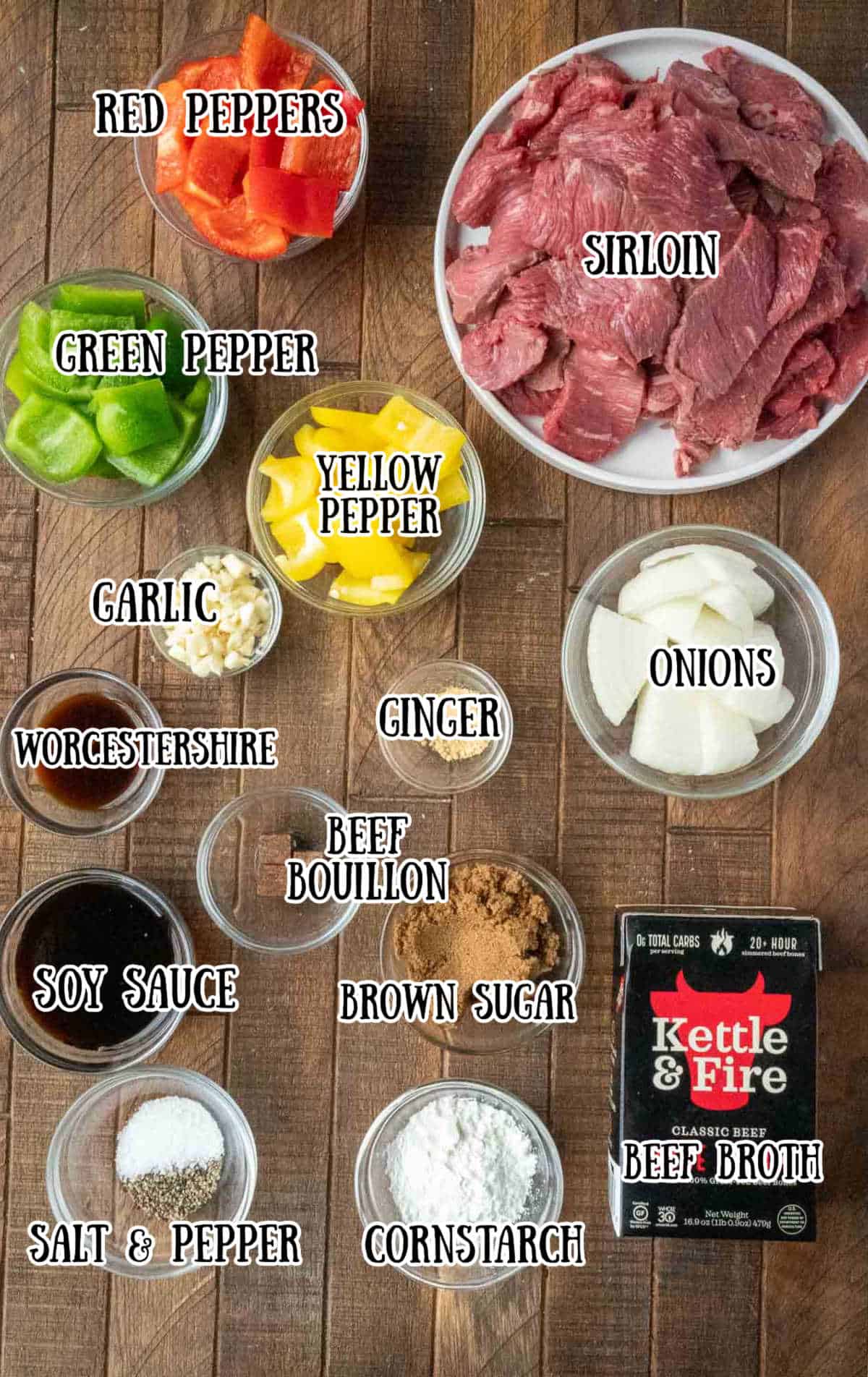 Labeled ingredients for slow cooker pepper steak.