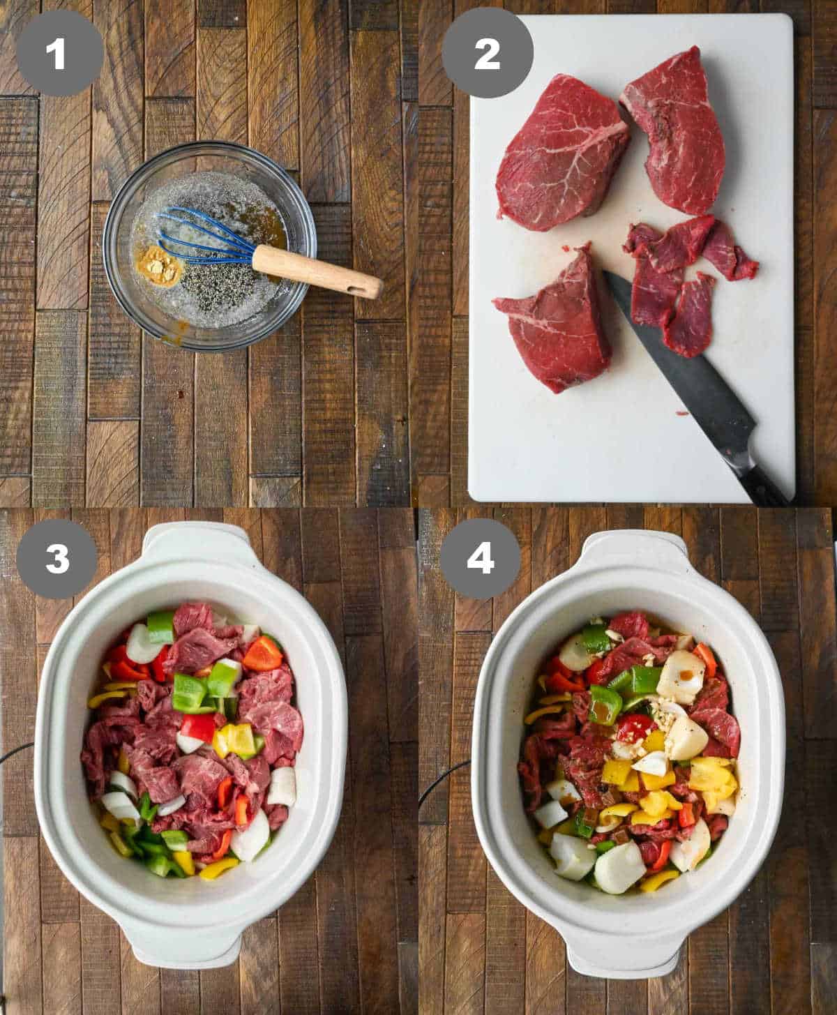 Steps 1 through 4 for making slow cooker pepper steak.