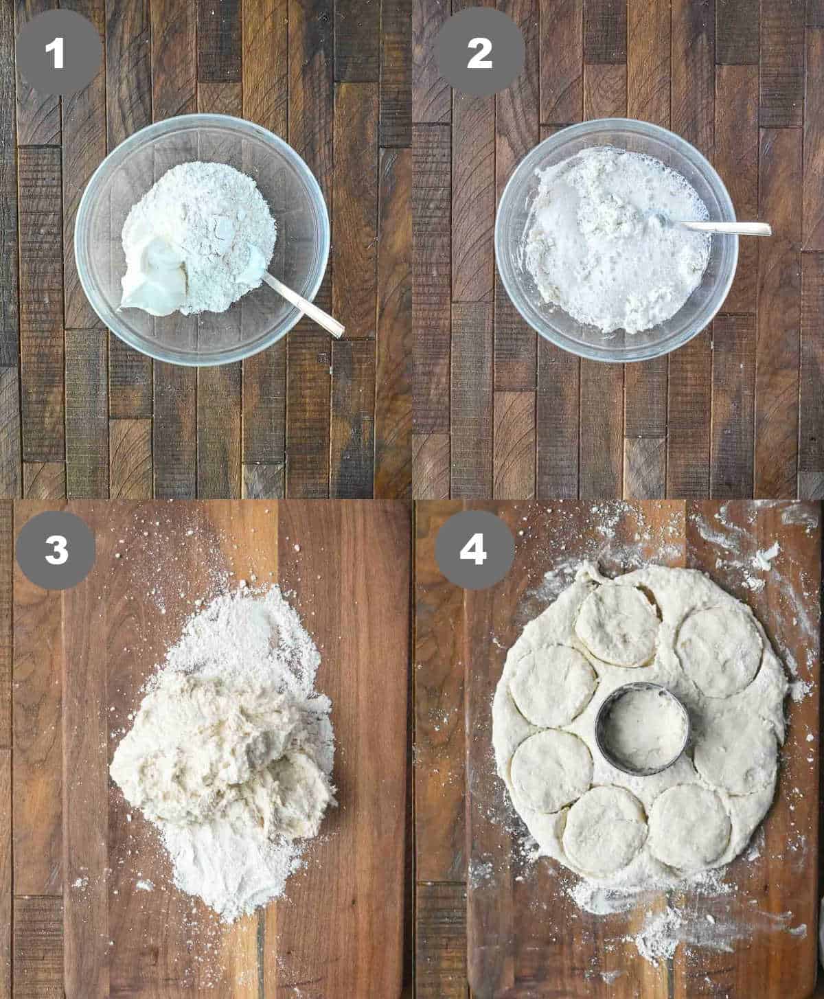 Steps 1 through 4 for making 7-up biscuits.