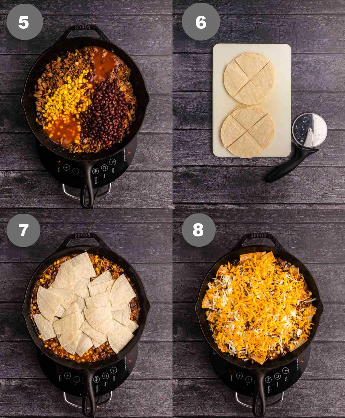 Steps 5 through 8 for beef enchilada skillet.