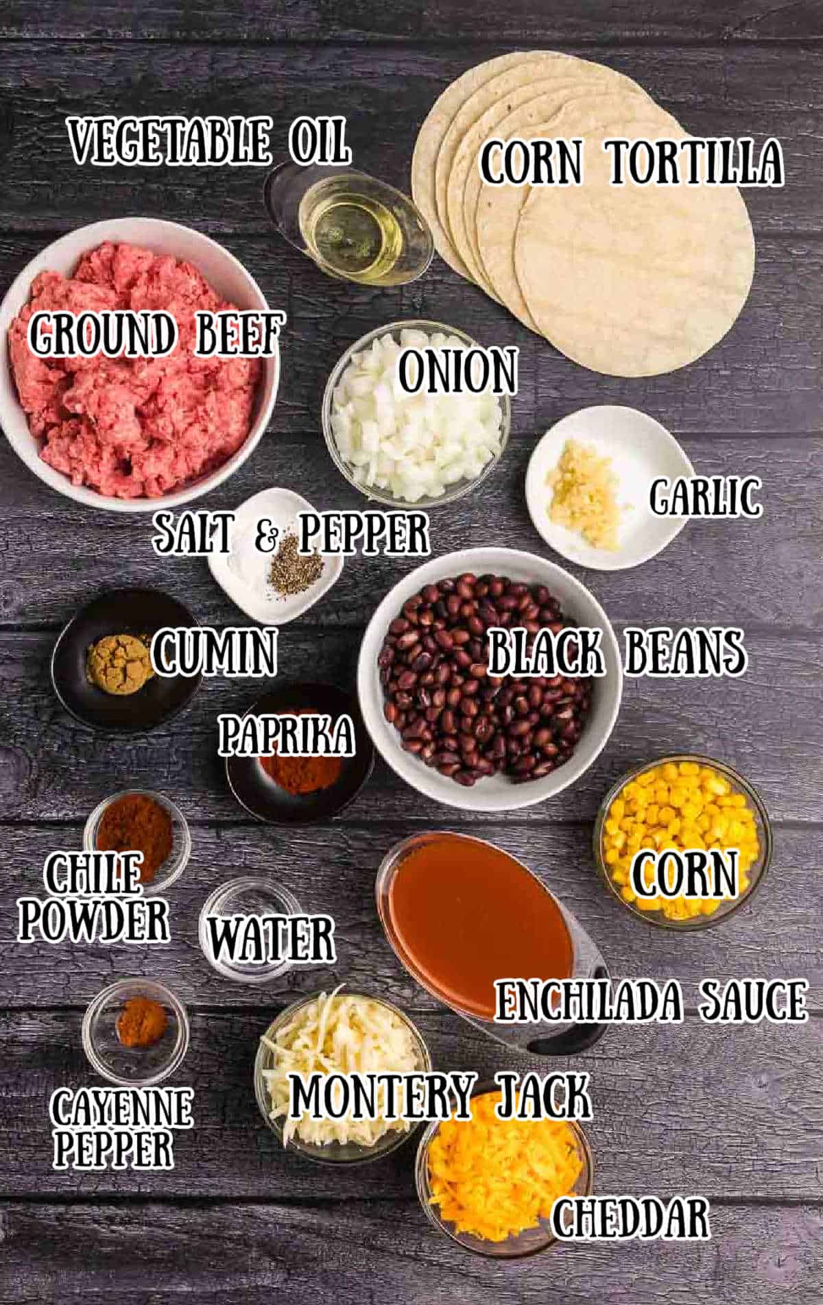 Labeled ingredients for beef enchilada skillet.