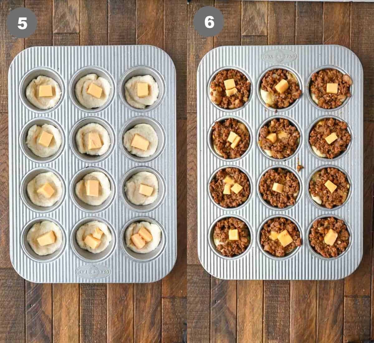 Steps 5 and 6 for making cheeseburger cups.