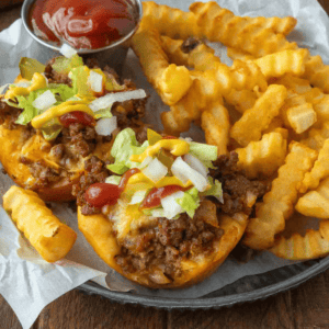 Close up of cheeseburger cups with french fries and ketchup.