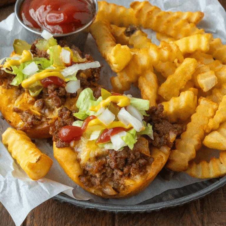 Close up of cheeseburger cups with french fries and ketchup.