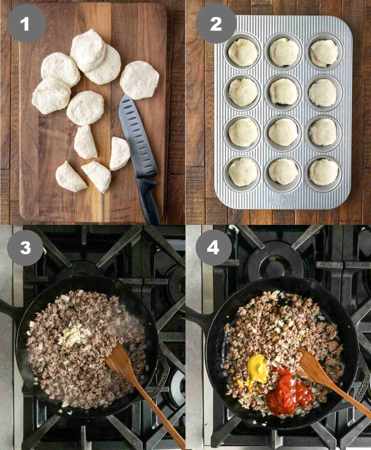 Steps 1 through 4 for making cheeseburger cups.