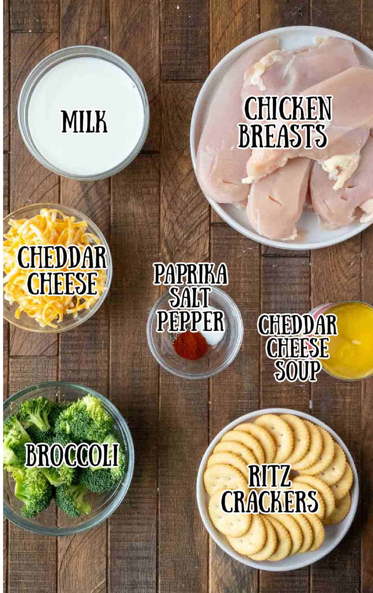 Labeled ingredients for copycat cracker barrel broccoli cheddar chicken.