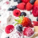 Pinterest graphic featuring cheesecake fruit salad.