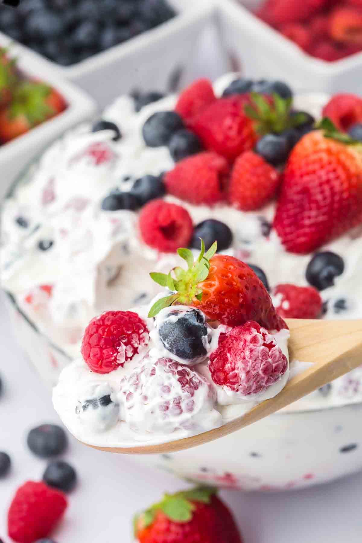 A spoonful of cheesecake fruit salad.