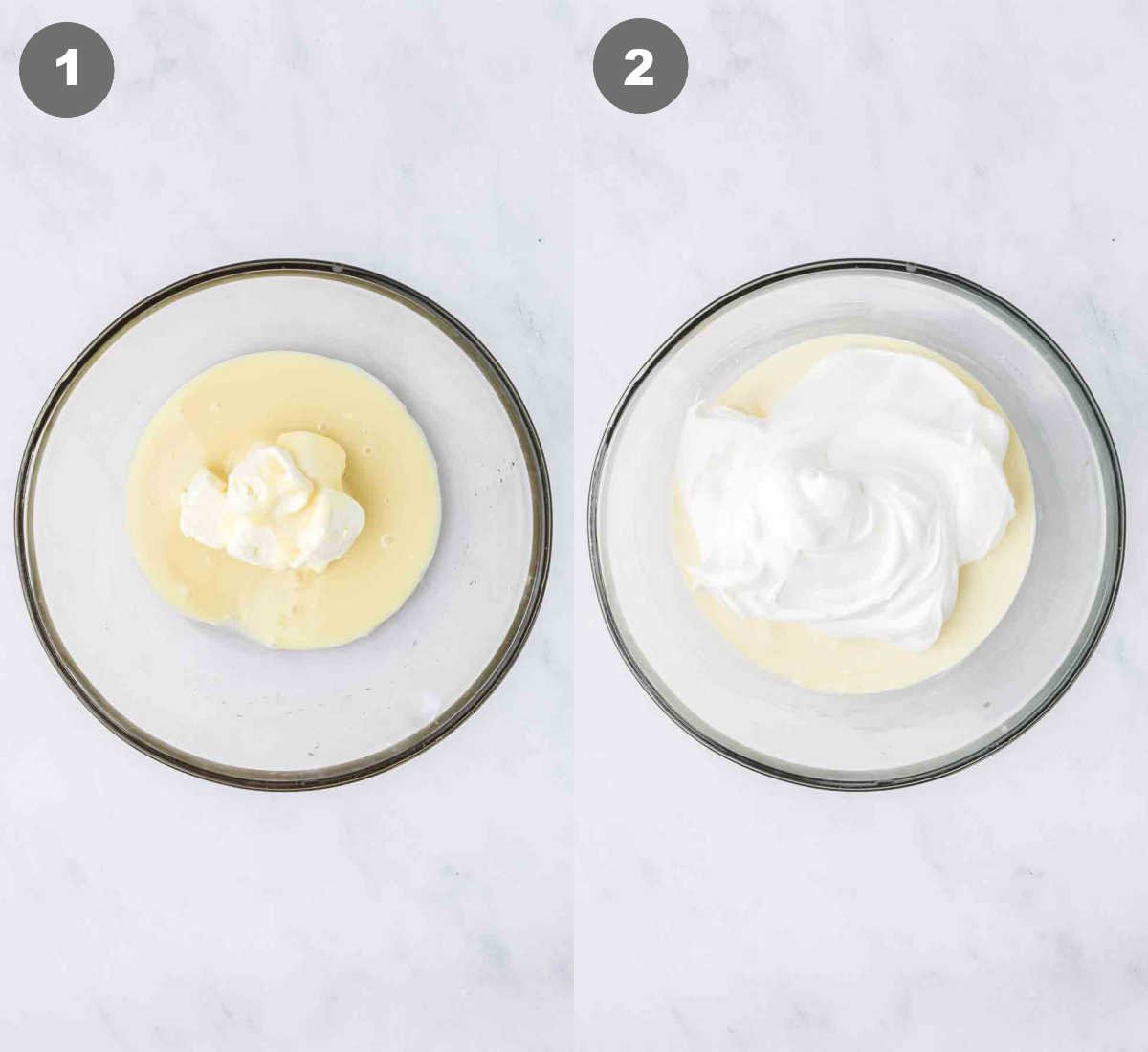 Steps 1 and 2 for making cheesecake fruit salad.