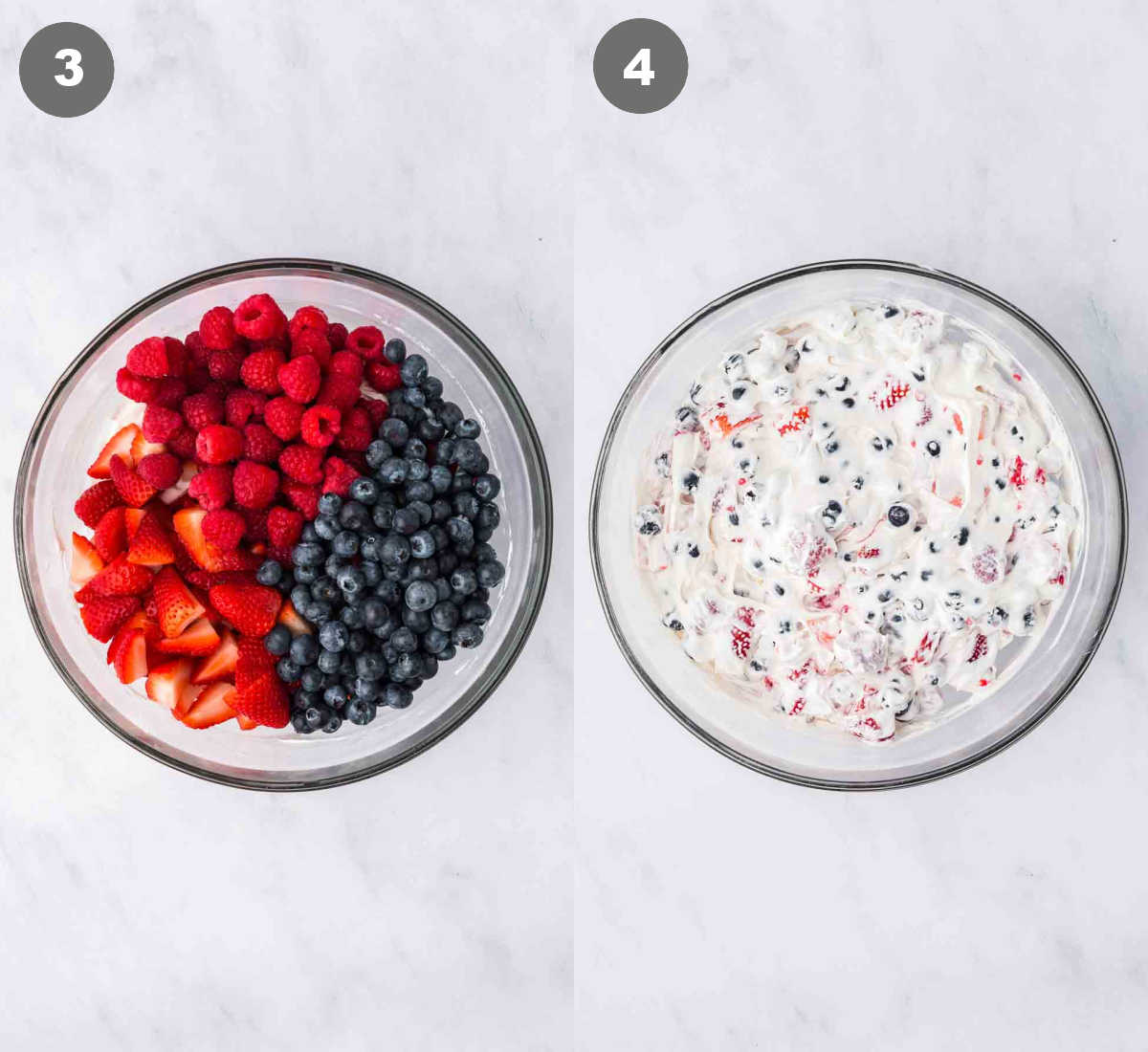 Steps 3 and 4 for making cheesecake fruit salad.