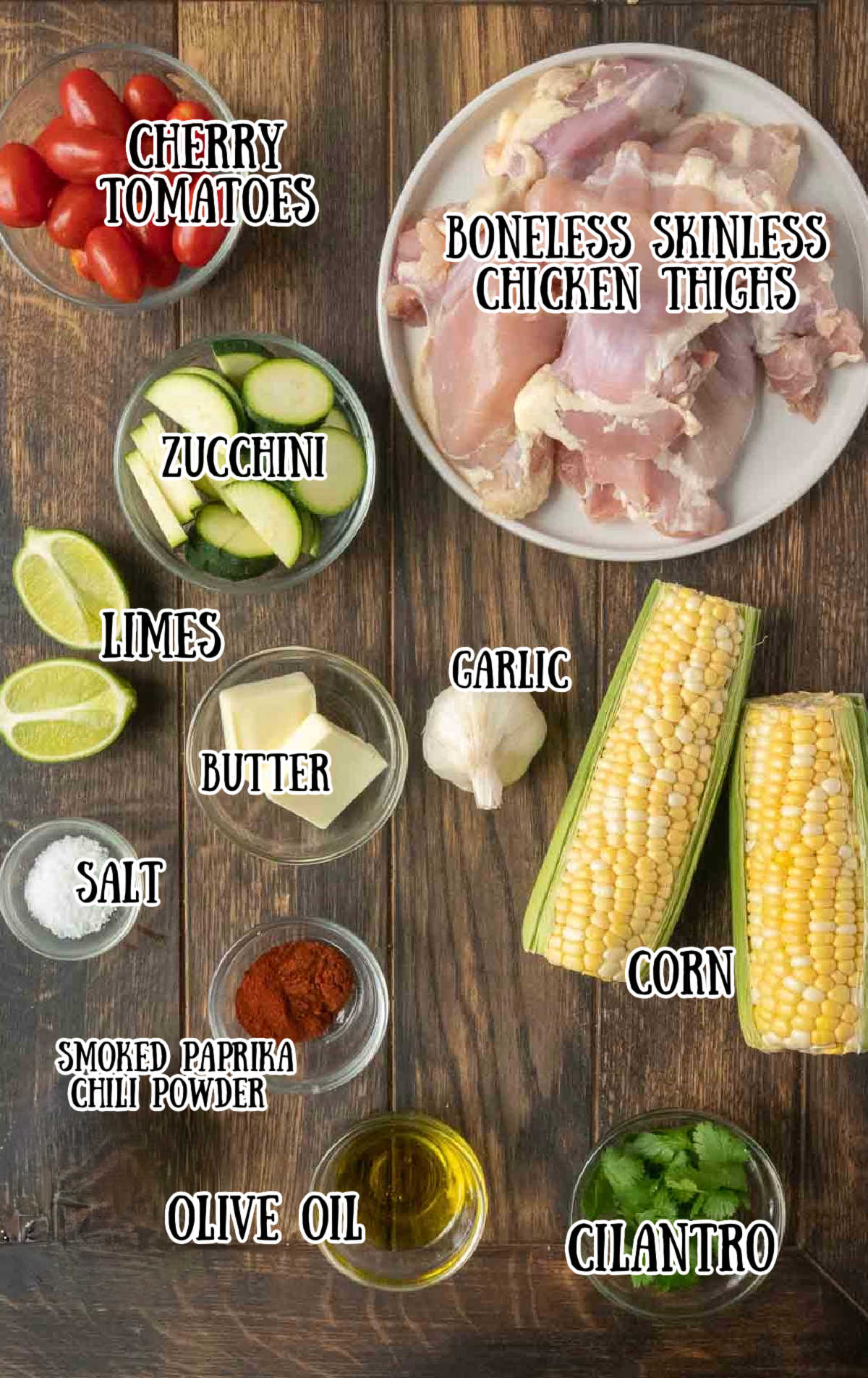 Labeled ingredients for cilantro lime chicken skillet.