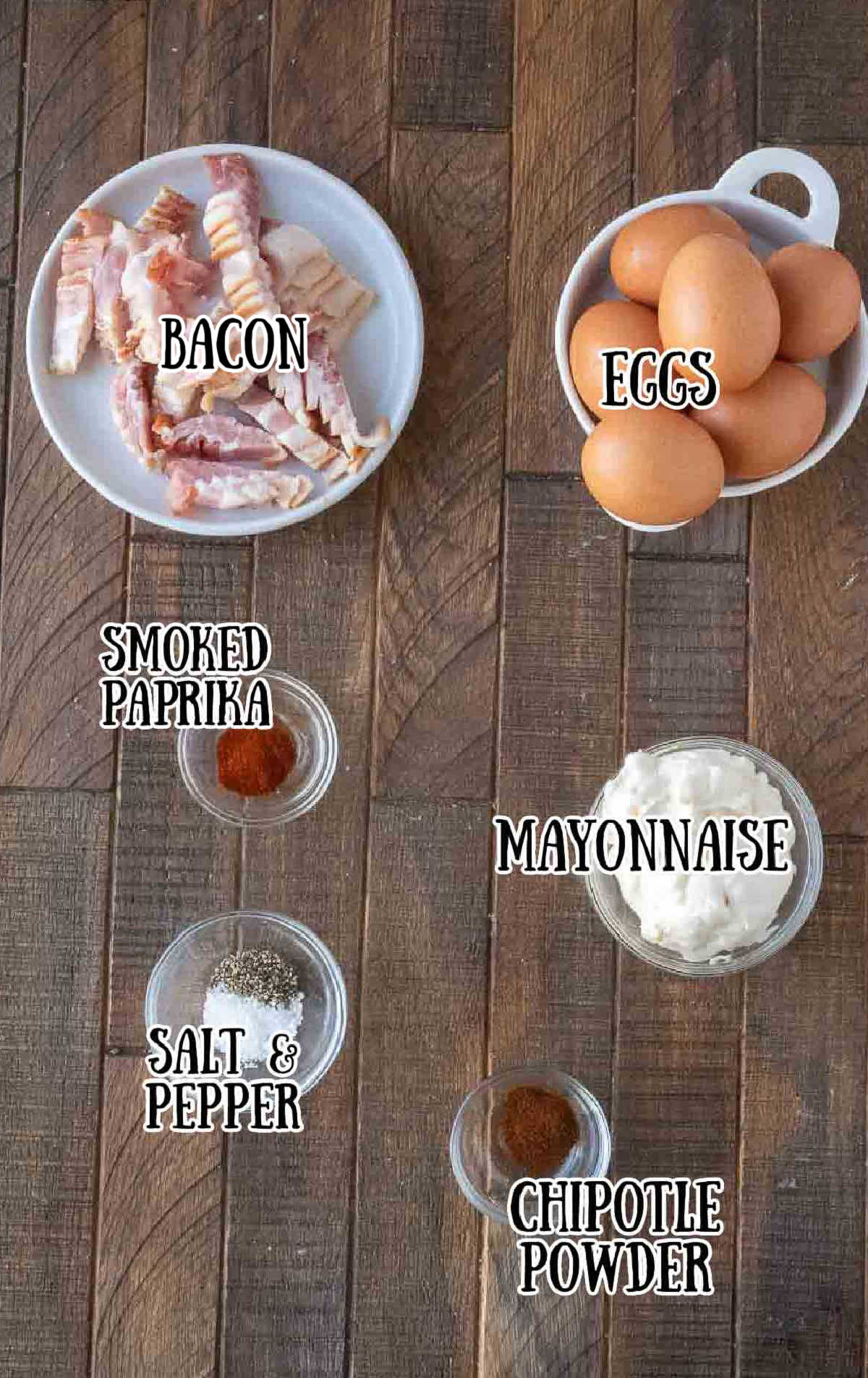 A photo of all of the ingredients needed for these deviled eggs.