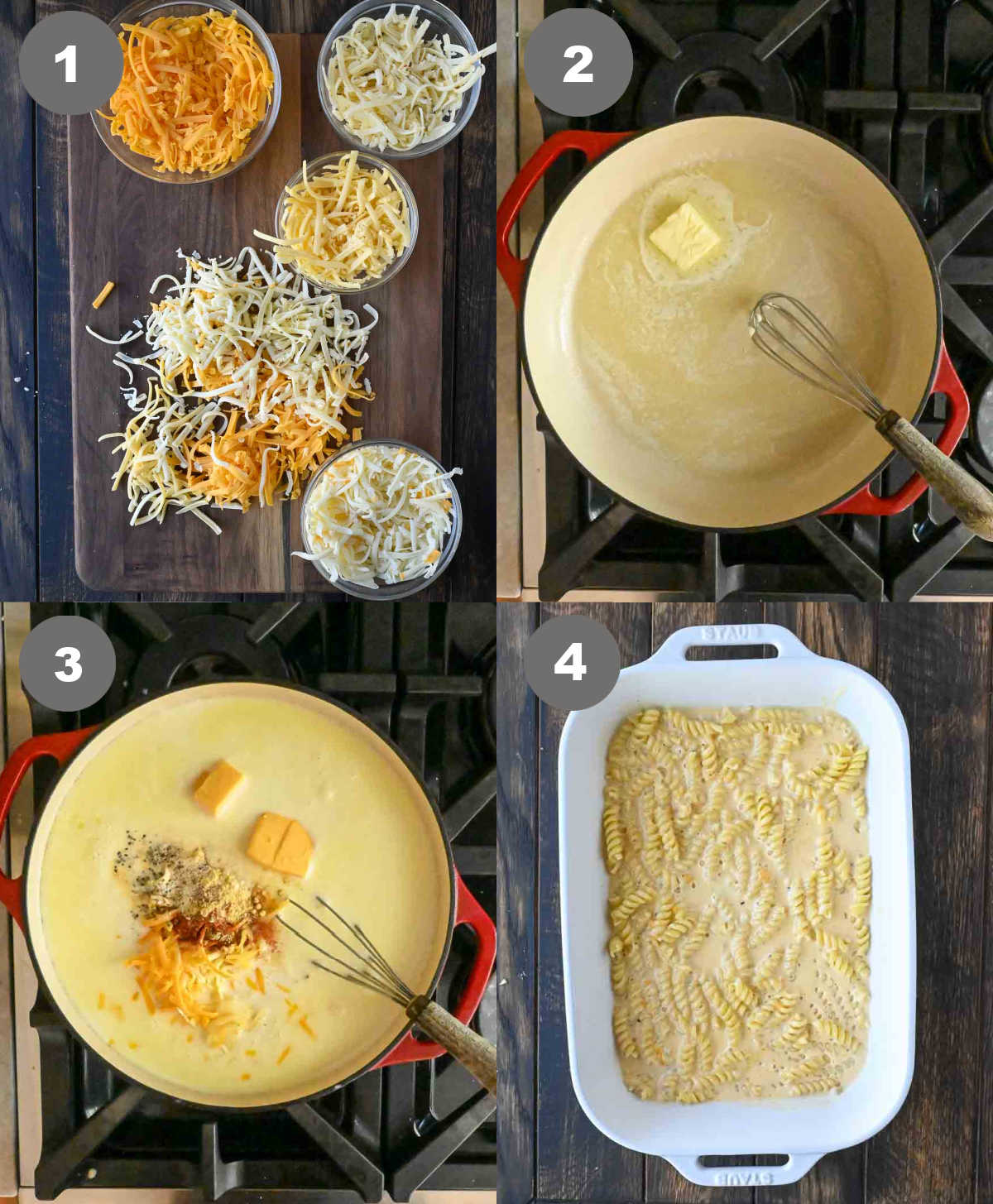 Steps 1 through 4 for making 5 cheese mac and cheese.