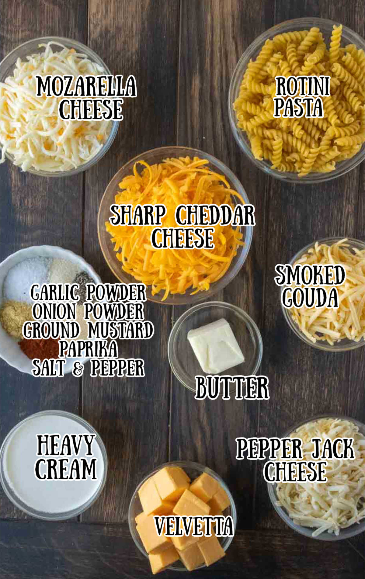 Labeled ingredients for 5 cheese mac and cheese.