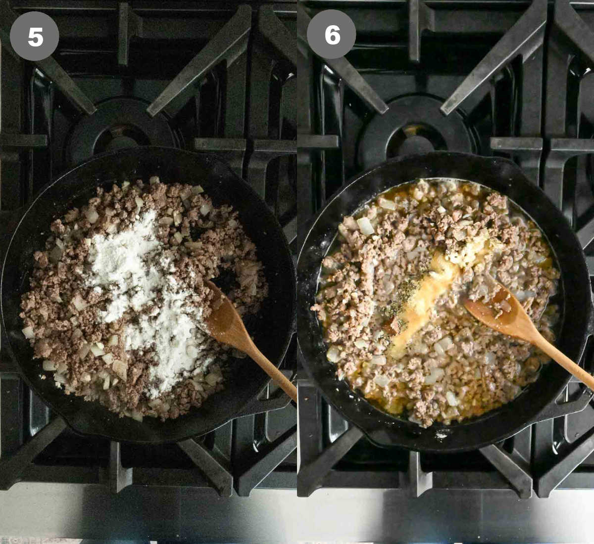 Steps 5 and 6 for making ground beef and gravy.