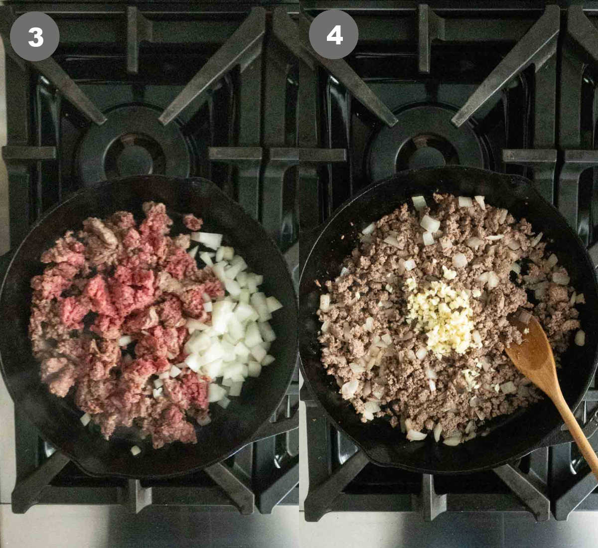 Steps 3 and 4 for making ground beef and gravy.
