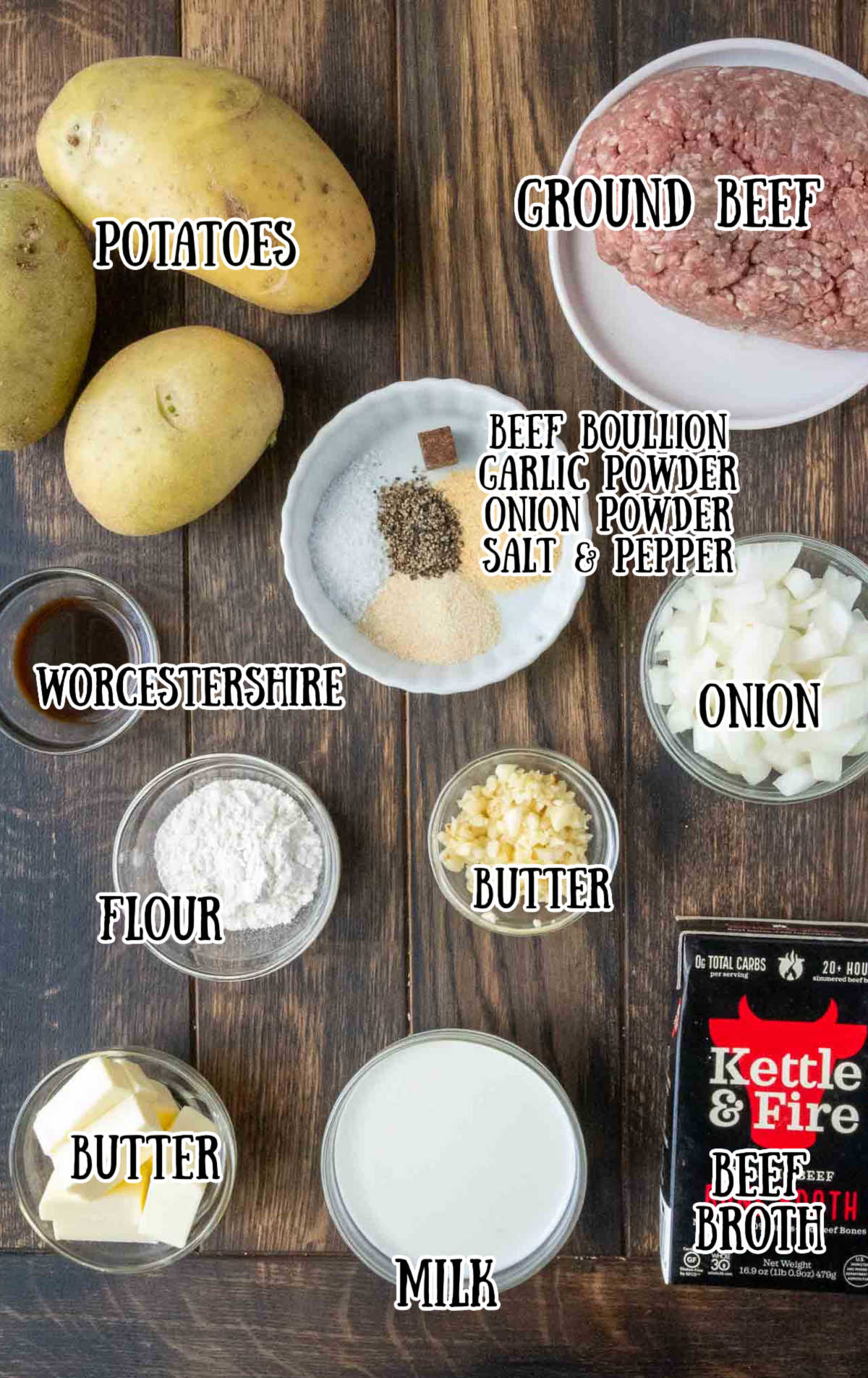 Labeled ingredients for ground beef and gravy over mashed potatoes.