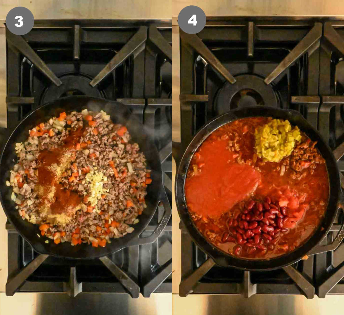 Ground beef cooked in a skillet with tomato sauce and spices added.
