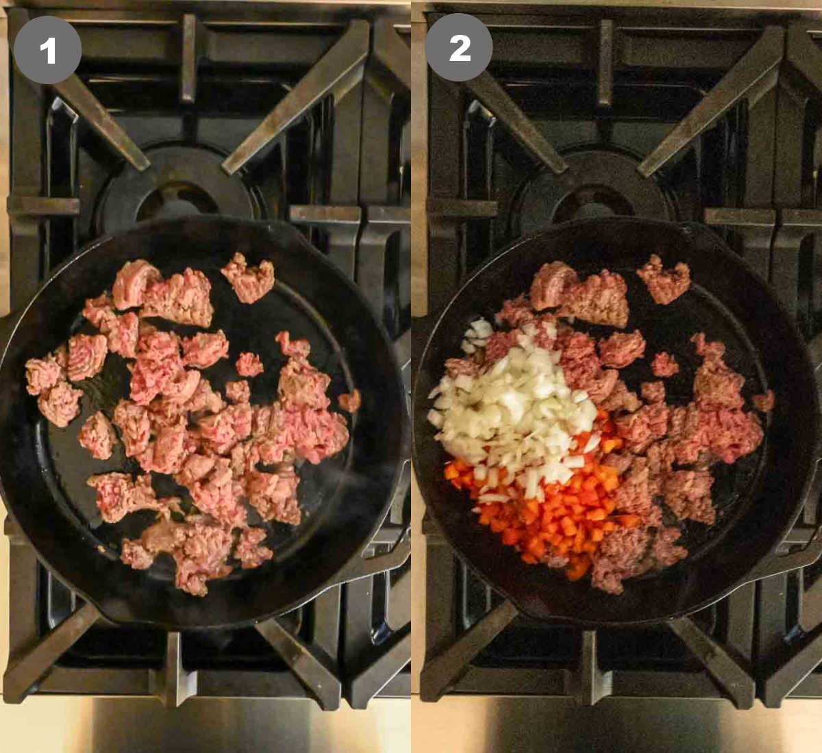 Ground beef cooked in a skillet with red peppers and onions added.