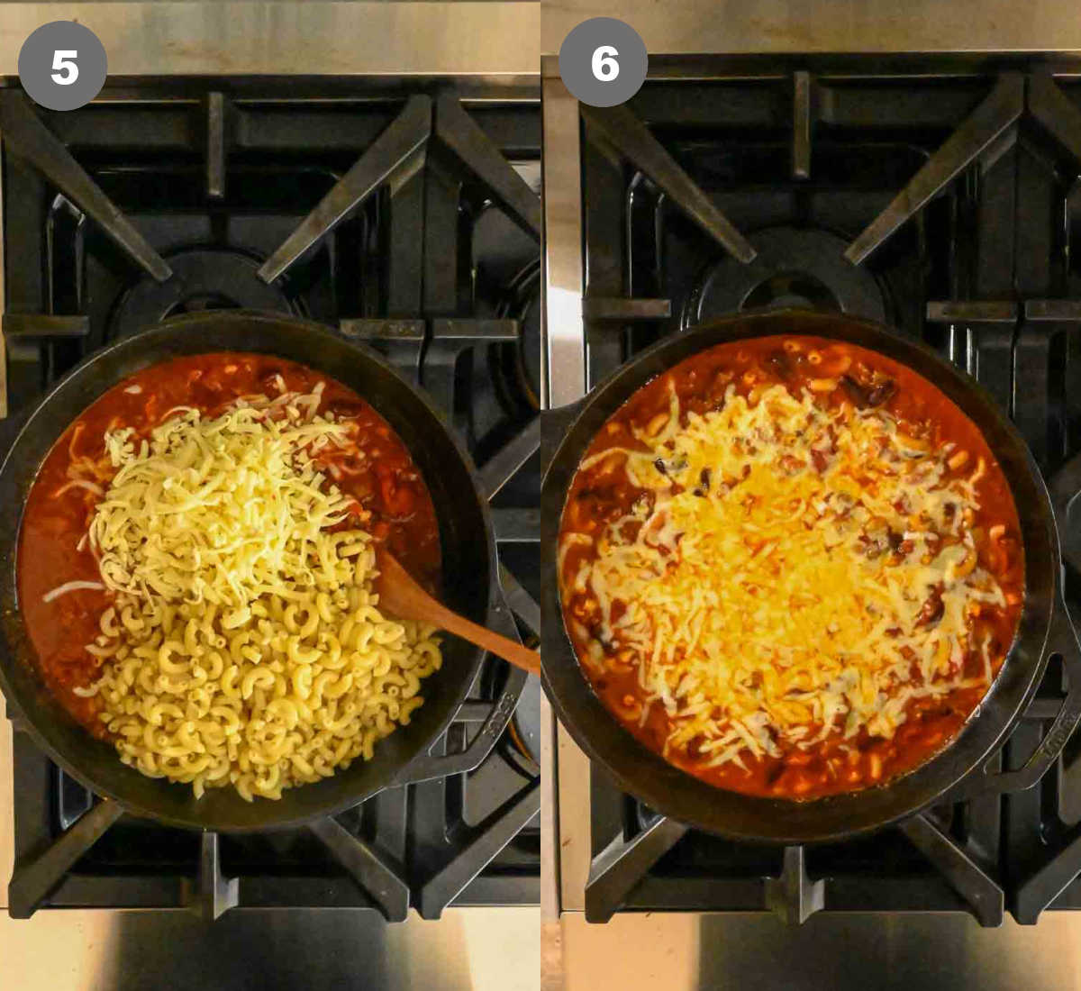 Add the pasta into the skillet then the shredded cheese.
