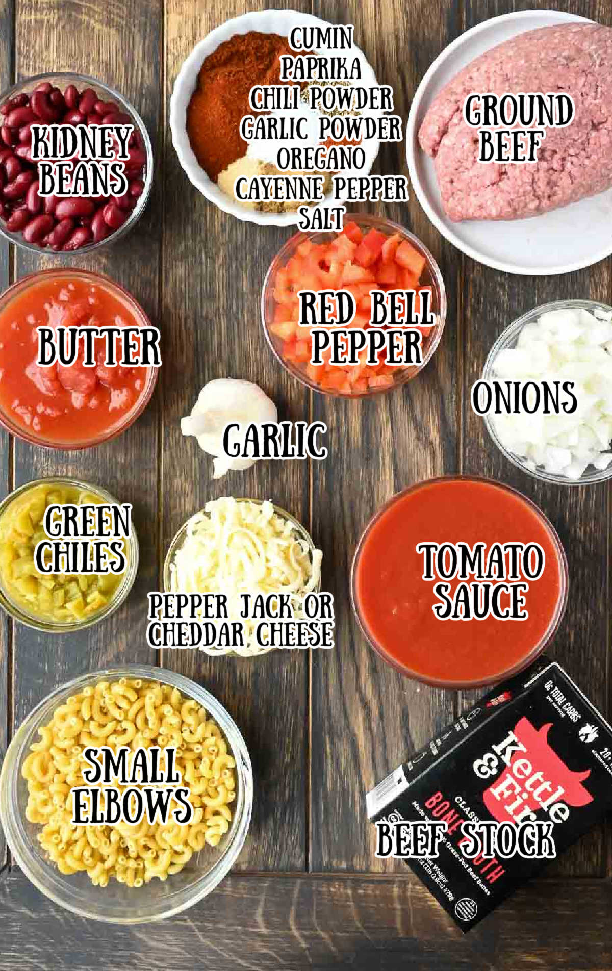 All the ingredients for this chili mac.