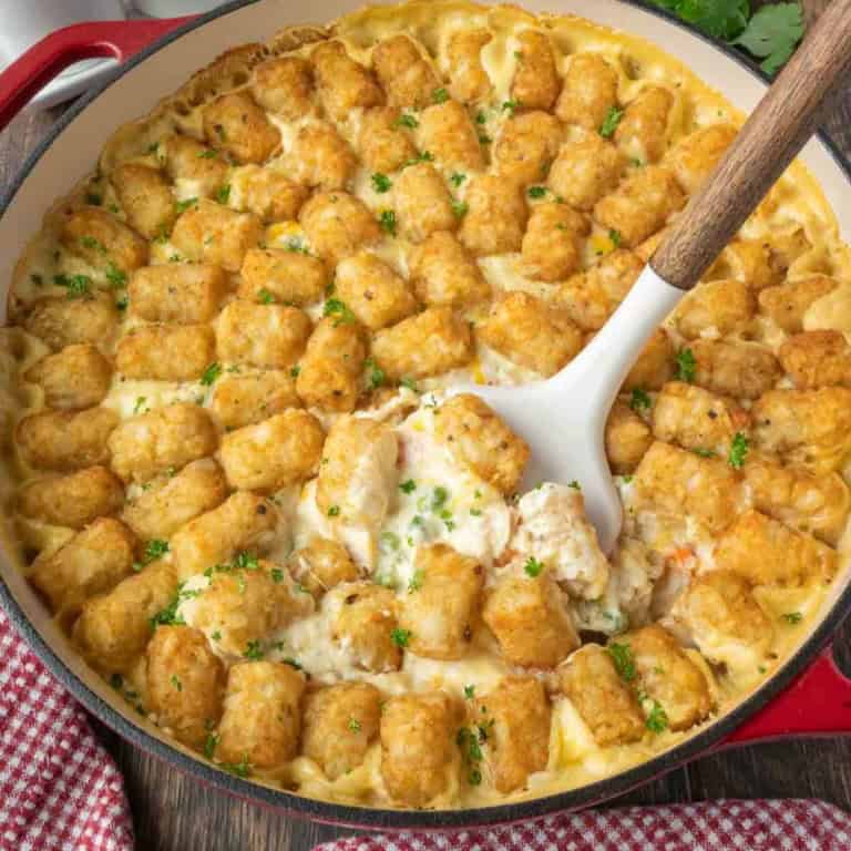tater tot chicken casserole in a casserole dish.