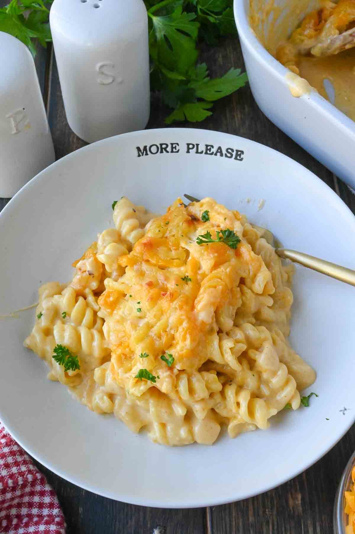 A bowl of creamy 5 cheese mac and cheese.