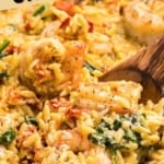 Pinterest graphic featuring orzo pasta with shrimp.