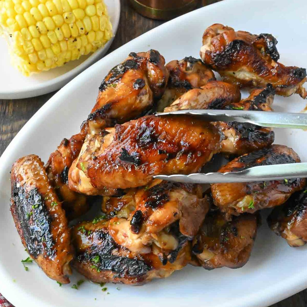 A platter of grilled soy garlic chicken wings.
