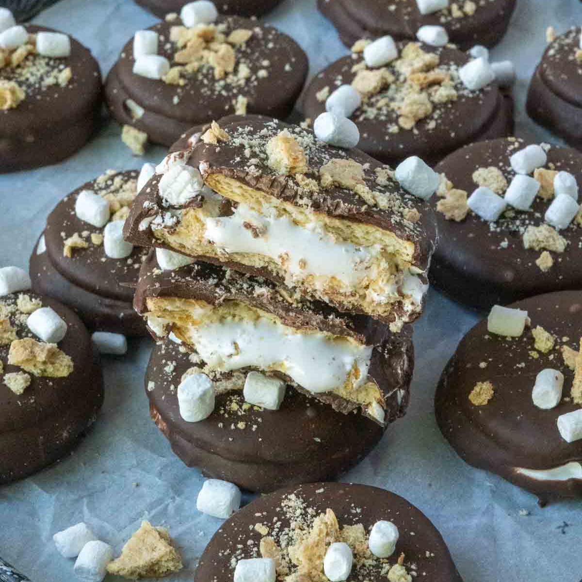 Ritz smores cookies on a baking sheet.