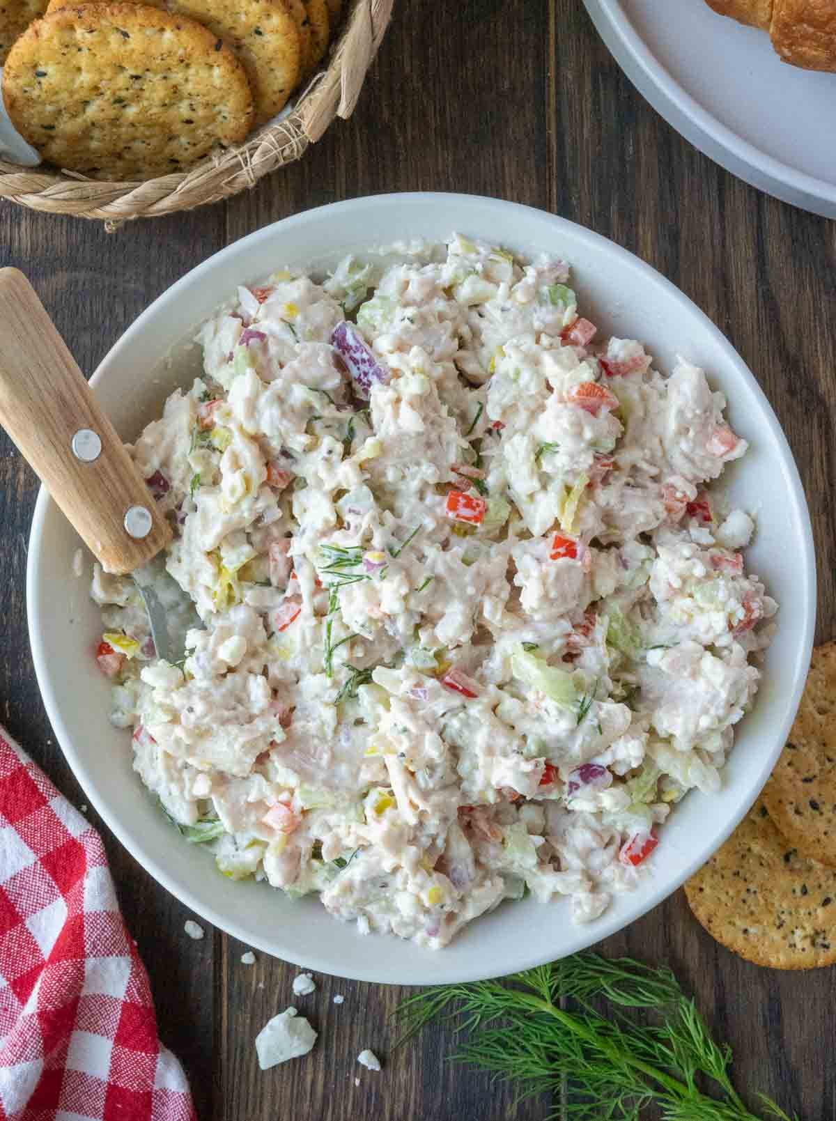 A bowl full of feta chicken salad.